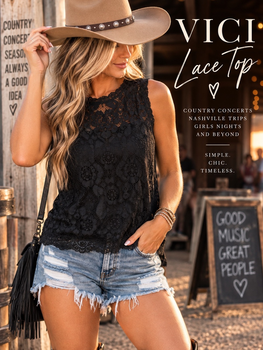 VICI Black Lace Sleeveless Top Boho Western Country Concert